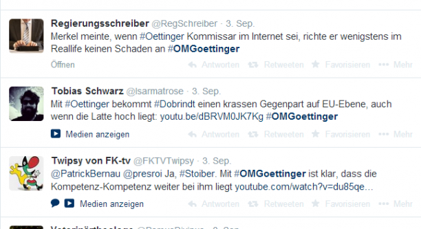 Screenshot: Suchergebnisse zu #OMGoettinger am 03.09.2014 auf Twitter.